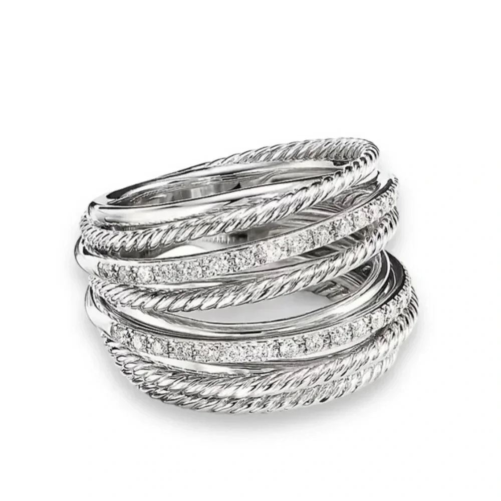 NEW Luxury Multilayered Silver Zircon Ring